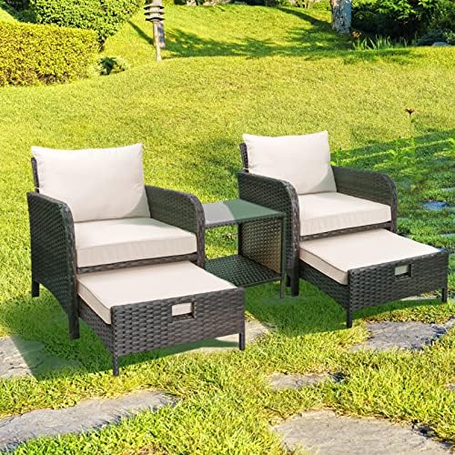 LEVELEVE Balcony Furniture 5 Piece Patio Conversation Set, PE Wicker Rattan Outdoor Lounge Chairs with Soft Cushions 2 Ottoman&Glass Table for Porch, Lawn-Brown Wicker - Image 4