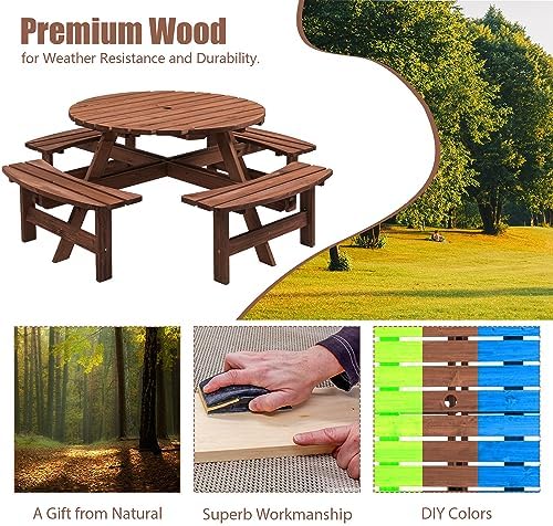 43.3'' Round Outdoor Dining Table Wooden Patio Dining Table & 4 Curved Built-in Bench for 8, 2" Umbrella Hole, Suitable for Backyard Garden Porch, Brown - Image 4