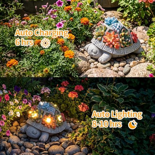 Solar Turtle Garden Decor Outdoor Statue, 7 Succulent LED Lights - Image 4