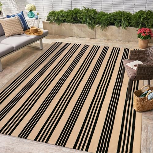 OJIA Outdoor Patio Rug 5'x7', Black and Tan Striped Outdoor Rugs Fall Decor - Image 6