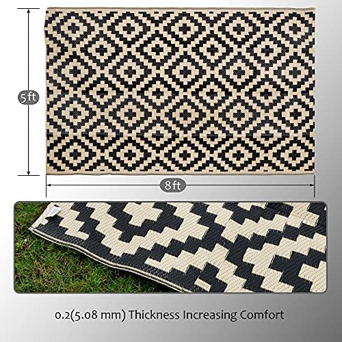 SAND MINE Waterproof Outdoor Rug 5x8 ft, Plastic Reversible Rug, Modern Area Rug, Large Floor Mat for Outdoors, RV, Patio, Backyard, Deck, Picnic, Beach, Camping, Black & Beige - Image 2
