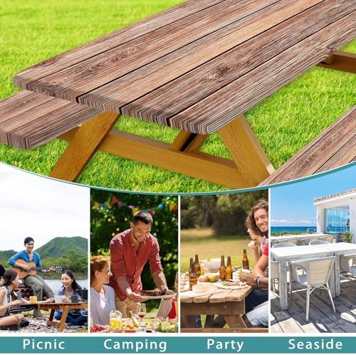 Picnic Table Cover with Bench Covers Camping Essentials Farmhouse Outdoor Table Covers Wood Grain Waterproof Windproof Fitted Tablecloth Cover with Elastic Edge for Indoor & Outdoor 3 PCS 30x60 Inch - Image 3