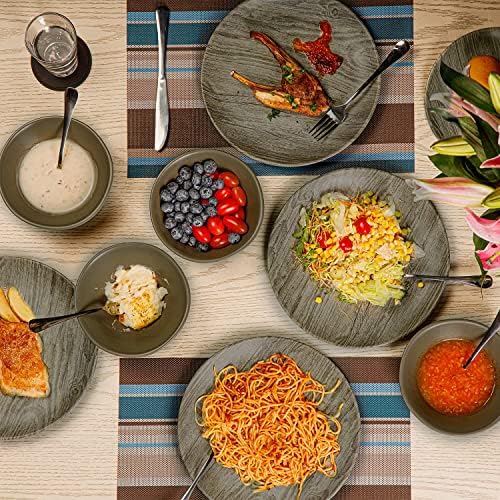 TP 18-Piece Dinnerware Set, Melamine Dishes Set with Bowls and Plates, Service for 6, Non-breakable Lightweight Dining Tableware, Grayish-brown Wood Grain - Image 4