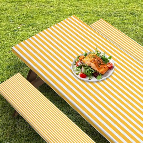 CAPSCEOLL Fitted Picnic Table Cover with Bench Covers 8ft - Yellow White - Image 5