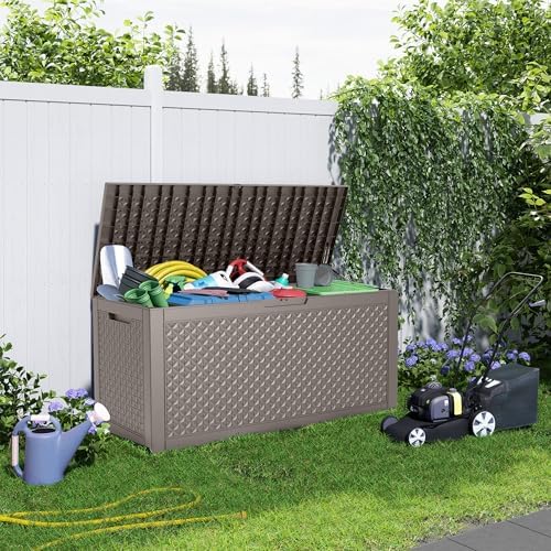 DRATO 110 Gallon Deck Boxes Outdoor Waterproof, Resin Large Lockable Storage Box with Lid, Outdoor Storage Bench Patio Cushions Furniture, Garden Tools, Pool Accessories (Grey, 110 Gallon) - Image 3