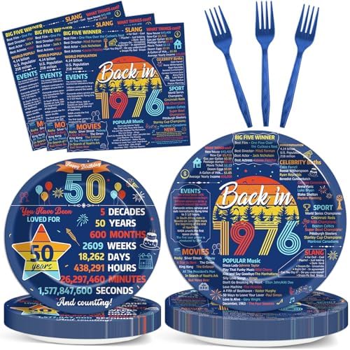 96Pcs Vintage 50th Party Paper Plates and Napkins 50th Birthday Party Decorations Blue Back in 1976 Paper Plates Cheers to 50 Years Disposable Tableware for Women Men Birthday Gatherings Decorations by Oitnlaughter