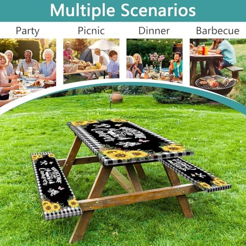 Sunflower Plaid Picnic Table Cover with Bench Covers and Bag, Camping Essentials, Checkered Floral Waterproof Windproof, Fitted Tablecloth Cover with Elastic Edge, Garden & Outdoor, 3 PCS, 30x96 Inch - Image 3
