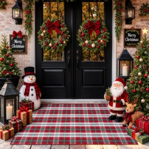 Christmas Door Mat 3' x 5' Buffalo Plaid Cotton Washable Outdoor Rug by Sungea