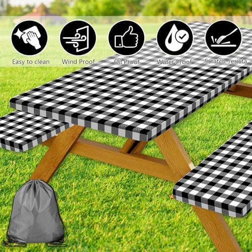 Picnic Table Cover with Bench Covers, Black and White Checkered Waterproof and Windproof, Fitted Tablecloth Cover with Elastic Edge, for Outdoor, Garden, Camping, 3 Pieces Set, 30x60 Inch - Image 7