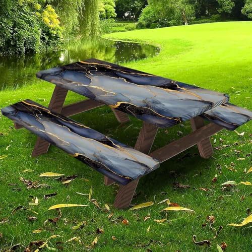 CAPSCEOLL Picnic Table Cover with Bench Covers 5ft - Black Blue Marble - Image 6