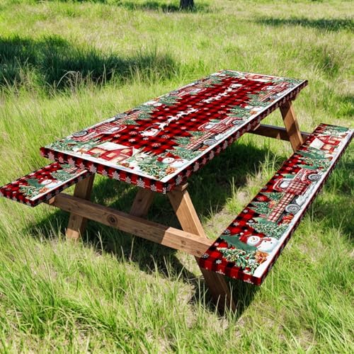 Christmas Picnic Table Cover with Bench Covers and Bag, Camping Essentials, Red Plaid Xmas Waterproof Windproof, Fitted Tablecloth Cover with Elastic Edge, for Indoor & Outdoor, 3 PCS, 30x96 Inch - Image 2