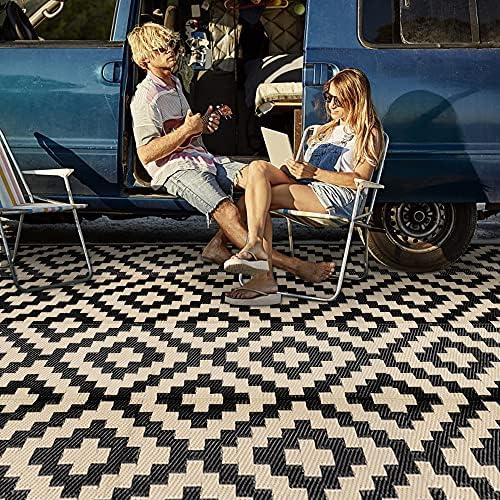 SAND MINE Waterproof Outdoor Rug 9x18 ft, Plastic Reversible Rug, Modern Area Rug, Large Floor Mat for Outdoors, RV, Patio, Backyard, Deck, Picnic, Beach, Camping, Black & Beige by SANDMIND