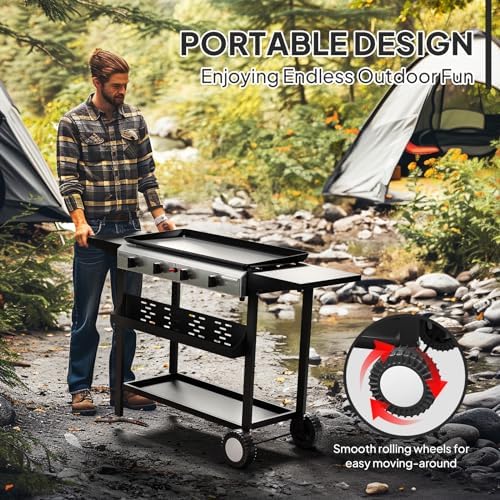 Bonnlo 4 Burner Portable Propane Griddle, 40,000BTU Gas Grill with Enameled Tray, Rolling Flat Top Grill with Electronic Ignition, Side Shelve & Regulator, Ideal for Outdoor Patio Cooking BBQ - Image 4