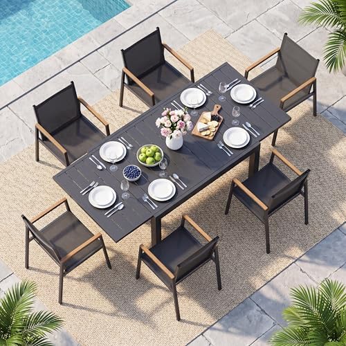Outdoor Aluminum Patio Dining Table Set for 6 Person, Expandable Outdoor Table and 6 Chairs with Textilene Fabric & HDPS Armrest, All-Weather Patio Furniture Set for Yard, Garden, Gray by Oasbira