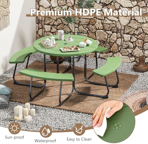 COSTWAY Round Outdoor Picnic Table with Bench Set for 4-8 People (Green) - Image 4