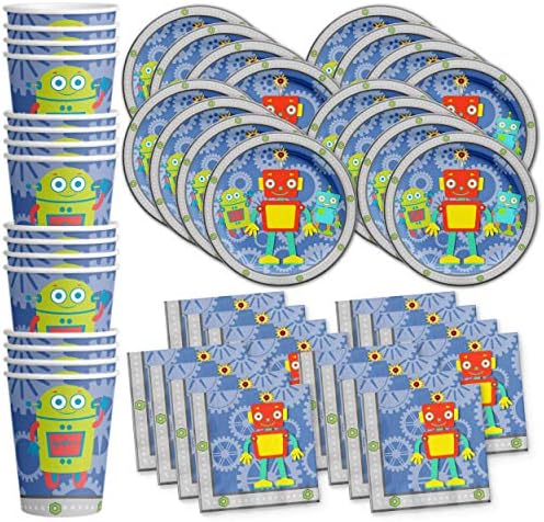 Robot Birthday Party Supplies Set Plates Napkins Cups Tableware Kit for 16 by BirthdayGalore