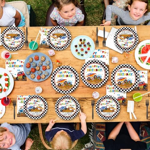 Monster Truck Party Tableware Set Monster Truck Plates and Napkins Car Birthday Party Supplies Decorations for Kids Boys Black and White Checked Theme Birthday Supplies Serves 24 - Image 6