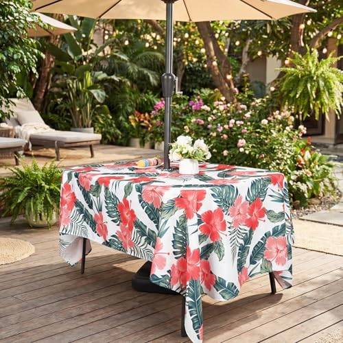 SquarePie Rectangle Outdoor Tablecloth with Umbrella Hole and Zipper 60x84 inch,Water Resistant SpillProof Patio Table Cloth for Spring Summer Camping Garden Poolside Picnic,Palm Leaf Red Flower - Image 5