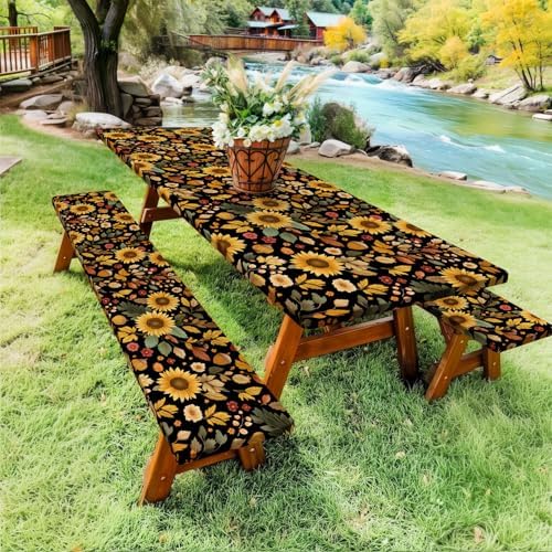 Picnic Table Cover with Bench Covers, Camping Essentials, Sunflower Flower Leaves Waterproof Windproof Patio Table Cover, Fitted Tablecloth Cover with Elastic Edge for Indoor Outdoor 3 PCS 30x96 Inch - Image 4