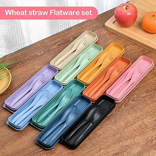 Reusable Travel Utensils Set with Case, 10 Sets Wheat Straw Portable Knife Fork Spoons Cutlery, Eco-Friendly BPA Free Plastic Tableware for Kids Adults Travel Picnic Camping Silverware - Image 6