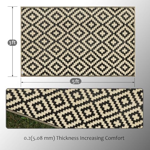 SAND MINE Reversible Mats, Plastic Straw Rug, Modern Area Rug, Large Floor Mat and Rug for Outdoors, RV, Patio, Backyard, Deck, Picnic, Beach, Trailer, Camping (3' x 5', Black & Beige Lattice) - Image 2