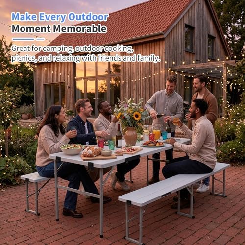 Polar Aurora Picnic Table Set with 2 Benches, 6 Feet Folding Camping Table Chair Set, Portable 3-Piece Outdoor Furniture with Wood Grain Top for Party, Picnic, Camping, Wedding (White) - Image 7
