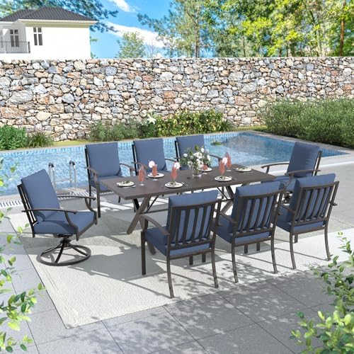 ALAULM 9-Piece Patio Dining Table and Chairs for 8 Outdoor Dining Set with 2 Swivel Chairs Patio Dining Sets with Rectangular Metal Table with Umbrella Hole for Patio, Backyard, Garden-Dark Blue - Image 2