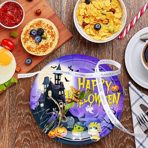 50Pcs Halloween Party Supplies Halloween Paper Plate 7Inch Pumpkin Plates Fall Pumpkin Monster Paper Plates for Haunted House Themed Black Orange Fall Birthday Party Decorations (Purple) - Image 6