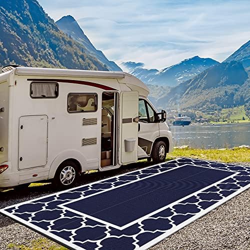GENIMO Outdoor Rug, Waterproof Plastic Rugs 10'x20' for Camping Blue White - Image 4