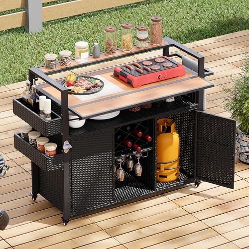 LUMISOL Outdoor Storage Cabinet with Extended Table Top, Outdoor Grill Cart with Storage Cabinet, 52.8" W Kitchen Island on Wheels for Backyard Garden, Double Handle, Black by LUMISOL