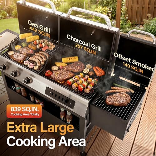 Sophia & William 3-Burner Gas and Charcoal Grill Combo with Offset Smoker - Image 3