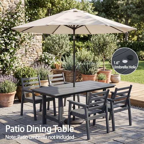 7-Piece Outdoor Dining Set, All-Weather HDPE Patio Furniture, 66.5" Slatted Table with 1.6" Umbrella Hole & 6 Ergonomic Armchairs, Heavy Duty 350lbs Capacity, UV Resistant, Gray - Image 5
