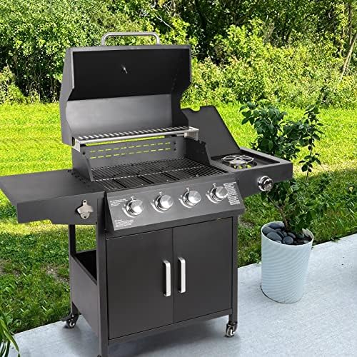 Propane Gas Grill 4 Burners with Side Burner Freestanding Grill Cart with Wheels for Outdoor Garden Cooking Barbecue Grill, Black - Image 7