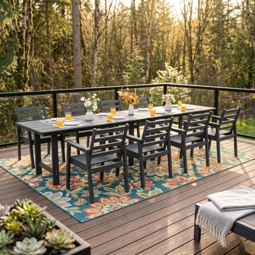 10-Piece Outdoor Dining Set, All-Weather HDPE Patio Furniture, Two 66.5" Slatted Table with 1.6" Umbrella Hole & 8 Ergonomic Armchairs, Heavy Duty 350lbs Capacity, UV Resistant, Gray - Image 2