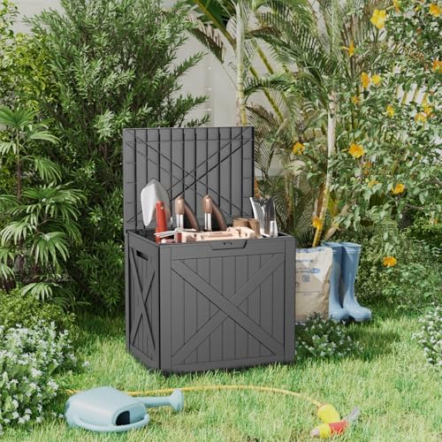 ROJIK 32 Gallon Outdoor Storage Housing Deck Box,Waterproof Patio Furniture, Garden Tools, Cushions, Pool Accessories Storage Bench with Lockable Lid and Side Handles(Black) - Image 6