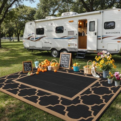 GENIMO Outdoor Rug, Waterproof Plastic Rugs for Patio, 9'x12' Black Brown - Image 3