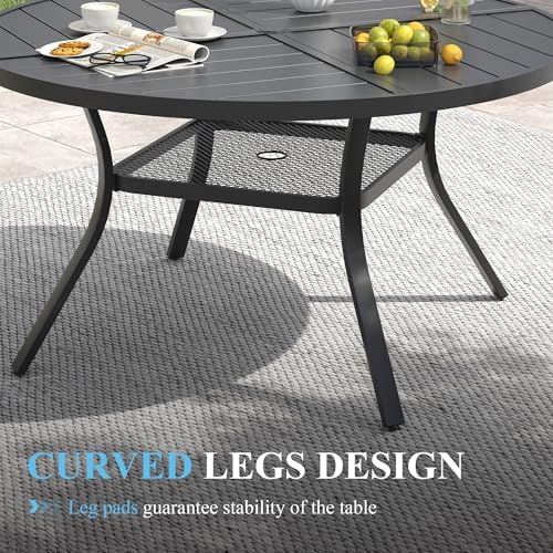 VICLLAX Patio Dining Set for 6, All Weather Metal Outdoor Furniture Set- 47" Round Patio Table and Chairs, Black Tabletop and Blue Fabric - Image 6