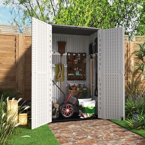 KINYING Outdoor Storage Cabinet Waterproof, Resin Vertical Outdoor Storage Shed for Patio Furniture, Garden Tools, Pool Accessories, Mower Storage (66 Cu.ft, Off White) - Image 2