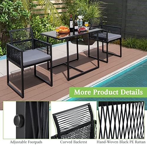 Tangkula 3 Pieces Outdoor Dining Set, Patio PE Rattan Furniture Set with Folding Backrest, Cozy Seat Cushions, Tempered Glass Tabletop, Space-Saving Rattan Chair Table Set for Backyard, Poolside - Image 6