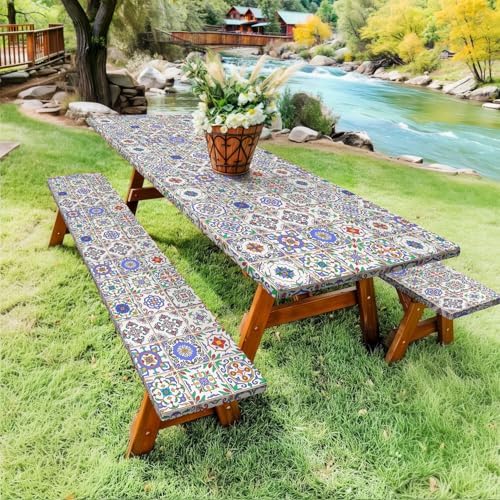 Picnic Table Cover with Bench Covers, Camping Essentials, Buffalo Plaid Waterproof Windproof Camping Tablecloth, Fitted Tablecloth Cover with Elastic Edge, for Garden & Outdoor, 3 PCS, 30x96 Inch - Image 4