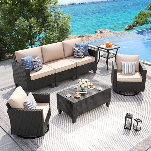 UDPATIO Patio Furniture Set, 5 Pieces Outdoor Conversation Sets with Rocking Swivel Chairs, Wicker Rattan Outdoor Sofa Set with Storage Table and Waterproof Covers for Backyard, Deck, Porch, Khaki by UDPATIO