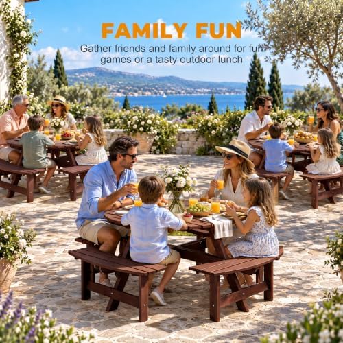 8 Person Wooden Picnic Table, Outdoor Round Picnic Table with 4 Built-in Benches, Umbrella Hole, Outside Table and Bench Set for Patio, Backyard, 500lbs Capacity Per Bench (Brown - 8Person) - Image 5