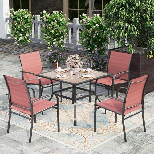 HERA'S HOUSE Patio Dining Set for 4, Wood-Look Metal Table, Red Chair by HERASHOUSE