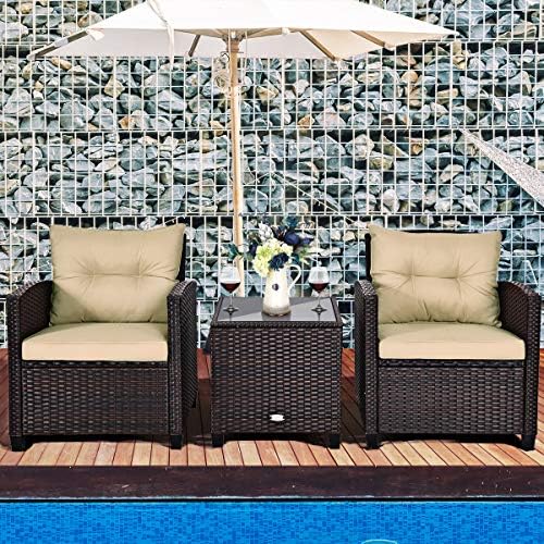 Tangkula 3 Pieces Patio Furniture Set, PE Rattan Wicker 3 Pcs Outdoor Sofa Set w/Washable Cushion and Tempered Glass Tabletop, Conversation Furniture for Garden Poolside Balcony (Beige) - Image 2