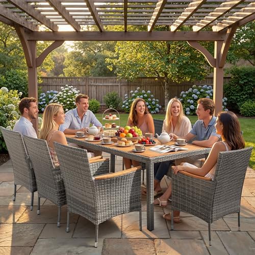 Devoko 9 PCS Acacia Wood Patio Dining Set, Gray Rattan - Image 6
