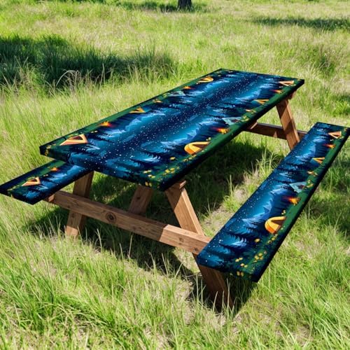 Camping Picnic Table Cover with Bench Covers, Camping Essentials, Forest Campfire Tent Flowers Outdoor Table Covers, Waterproof Windproof, Fitted Tablecloth Cover with Elastic Edge, 3 PCS, 30x60 Inch - Image 2
