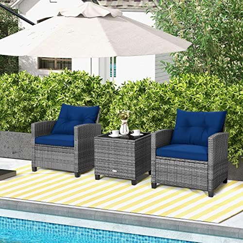 Tangkula 3 Pieces Patio Furniture Set, Outdoor PE Rattan Conversation Chair Set with Tempered Glass Side Table and Removable Cushions, PE Wicker Chairs and Table Set for Porch, Balcony and Garden - Image 4