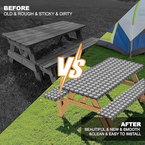 Picnic Table Cover with Bench Covers and Bag, Camping Essentials, Buffalo Plaid Waterproof and Windproof, Fitted Tablecloth Cover with Elastic Edge, for Outdoor, 3 PCS, (Black & White, 30"x96") - Image 5