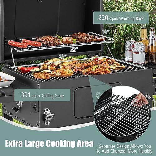Giantex Charcoal Grill 24 inch, BBQ Grill with 2 Foldable Side Table, Adjustable Charcoal Tray, Pull-out Ash Tray, Heavy Duty Barbecue Grill with Wheels for Outdoor Cooking Camping Backyard Party - Image 4