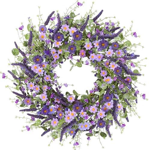 Sggvecsy Purple Daisy Wreath 24 Inch Spring Summer Wreath with Fake Silk Floral Green Eucalyptus Leaves and Lavender for Front Door Window Wall Wedding Farmhouse Festival Decor by Sggvecsy